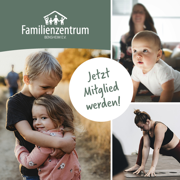 Werbung für Mitgliedschaft. Geschwister halten sich im Arm. Frau mit Baby. Frau macht Yoga.